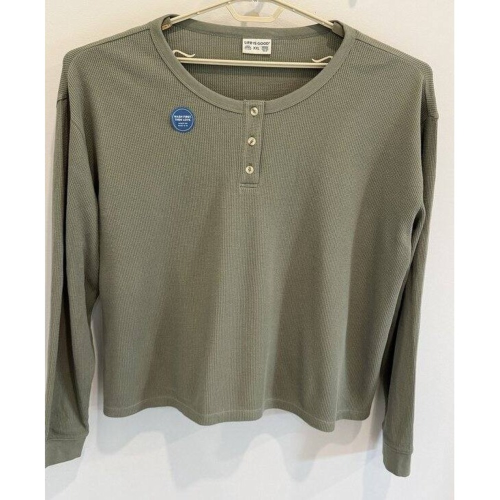 Life is Good Womens Long Sleeve Waffle Henley Shirt Green Size XXL New
